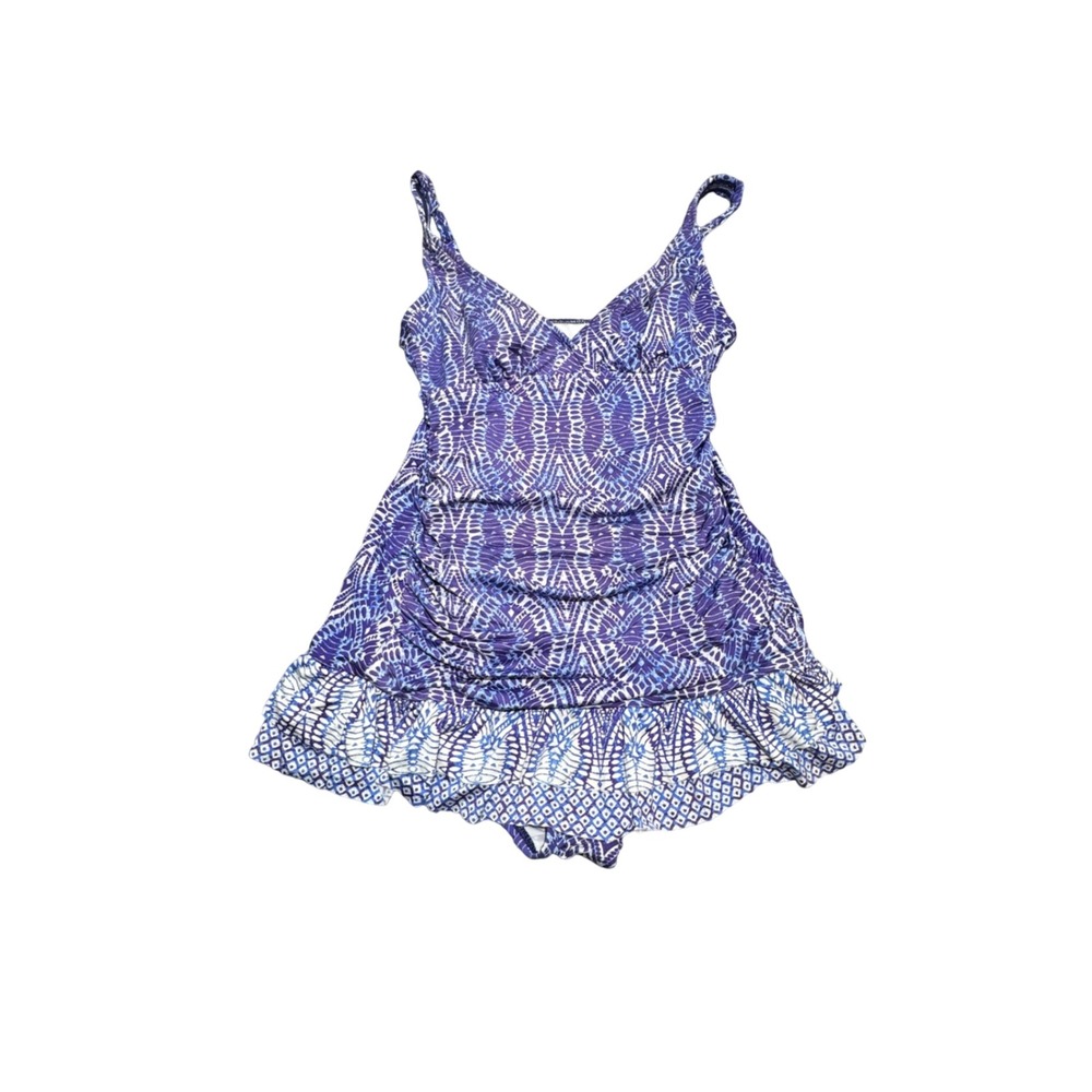 Y2K Swim Dress Women Size Large Purple Geometric Ruched Slimming Stretch Coastal